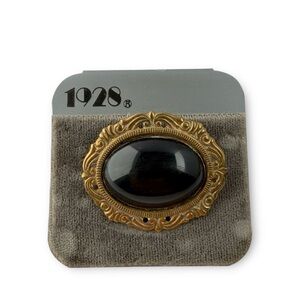 Vintage 1928 Black Lucite Oval Cabochon Brooch Pin Victorian Revival